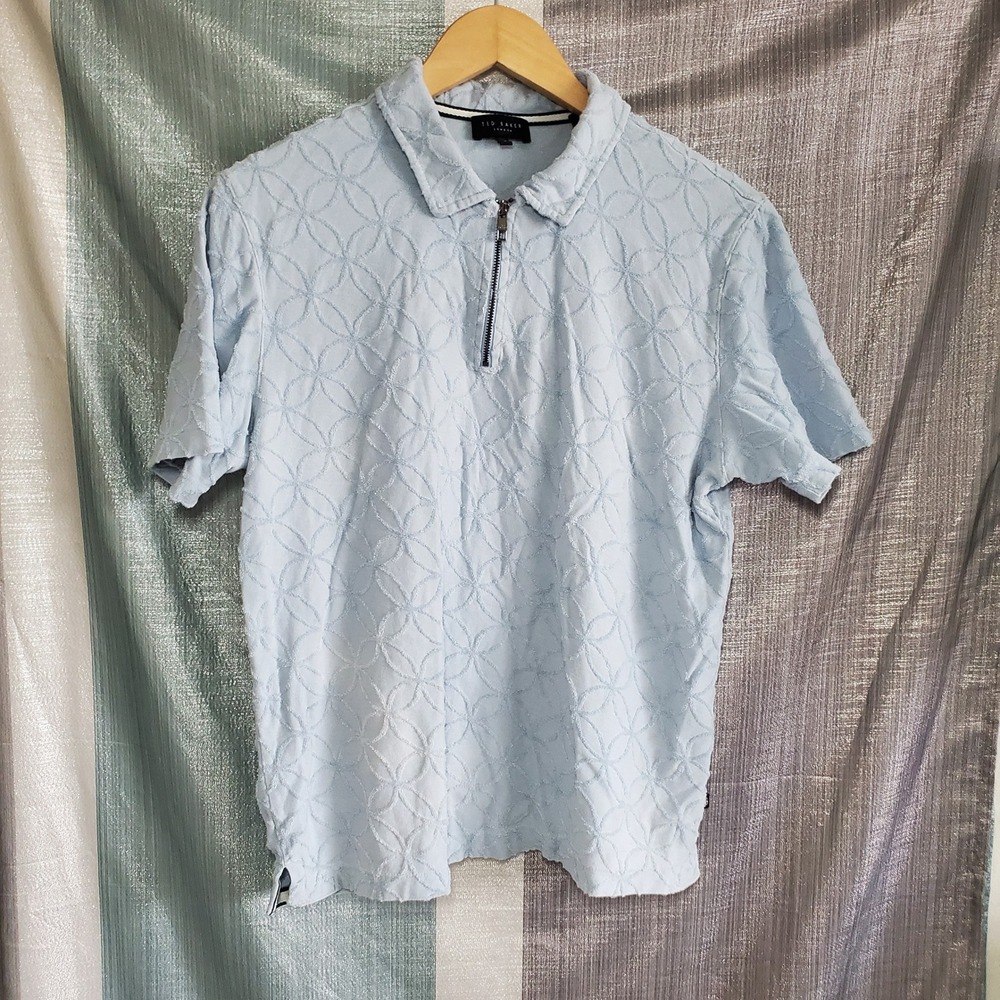Ted Baker Maroc Mens Blue Textured‎ Geometric Quarter Zip Polo Shirt Size 3 M